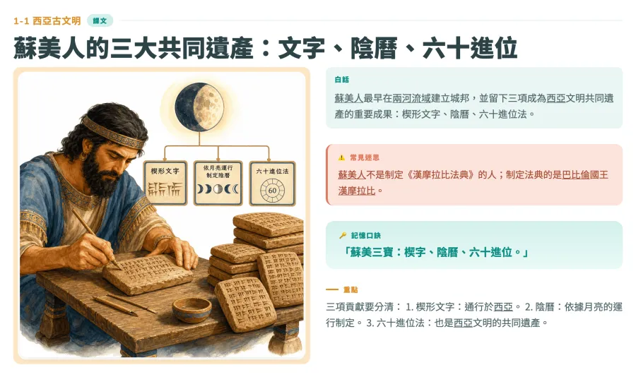 AIMii 產出的實際講義:國三歷史,蘇美人的三大共同遺產